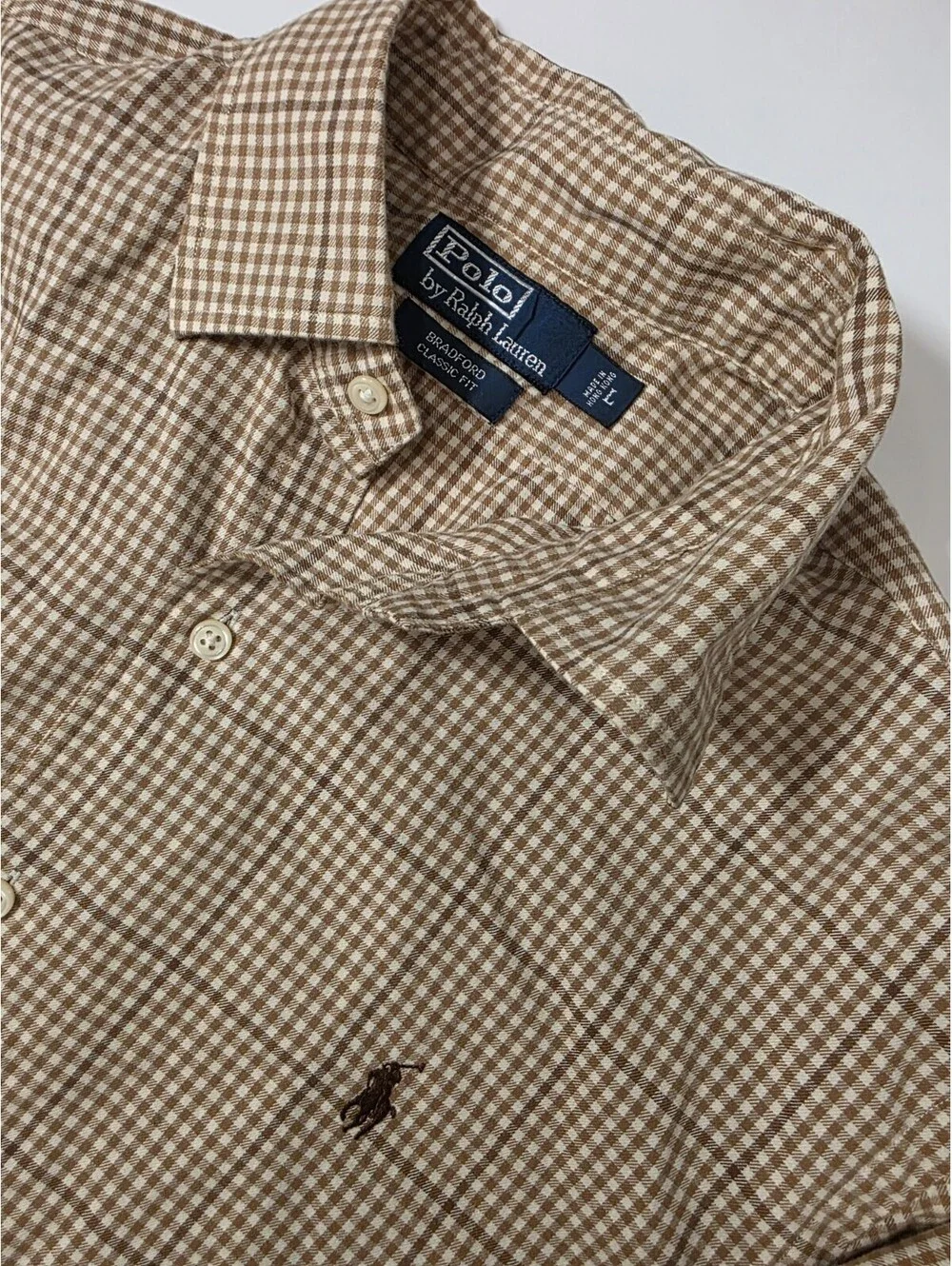 Vintage Polo Ralph Lauren Bradford Shirt Mens L Brown Plaid Elbow Patches 90s